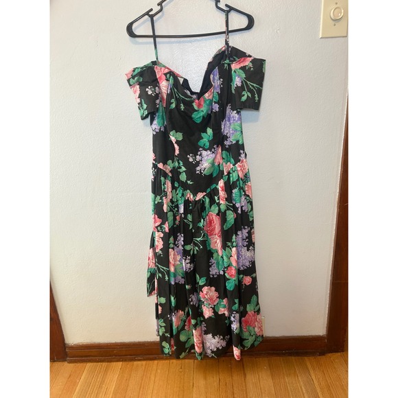 Brittany Nicole Dresses & Skirts - Vintage Brittany Nicole Floral Off Shoulder Midi Dress Black Pink Rose Plus 18